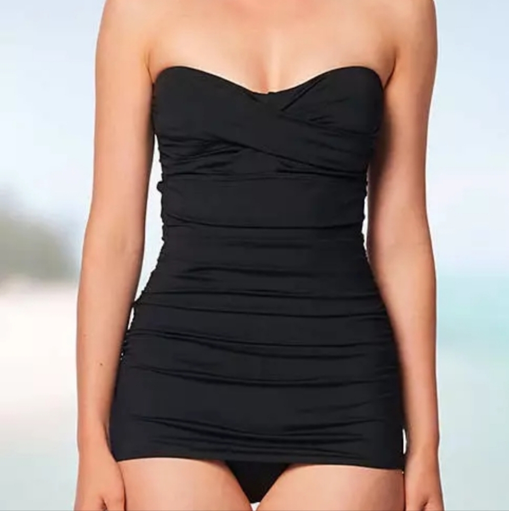 Carmen Marc Valvo Women's Swimsuit Size XL Black Classic Weave Bandeau tankini